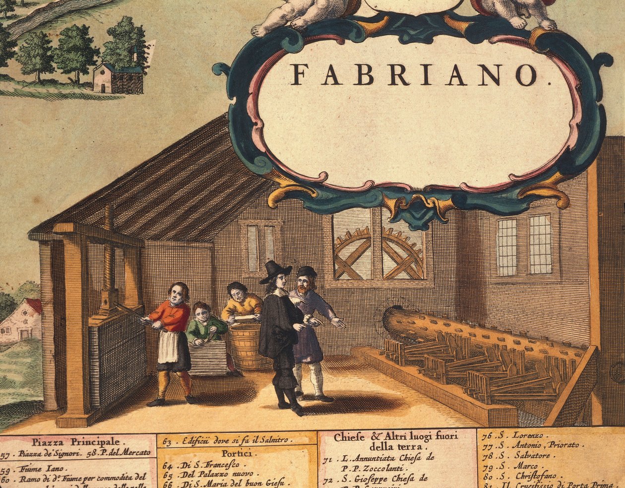 Detail van papierindustrie van de stad Fabriano door Georg Braun and Hogenberg Franz