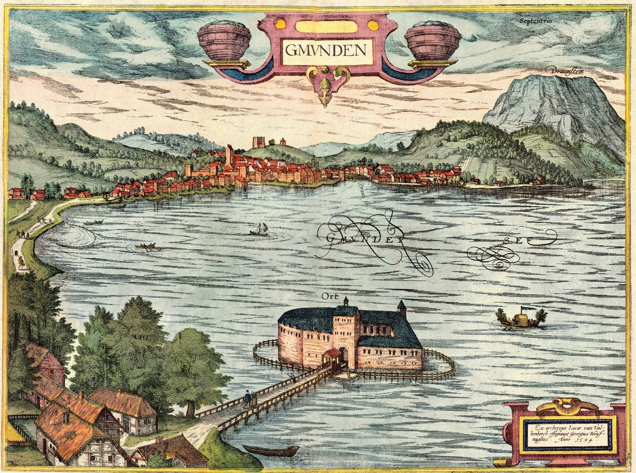 Gmunden, Oostenrijk door Georg and Hogenberg Franz (1535 90) Braun