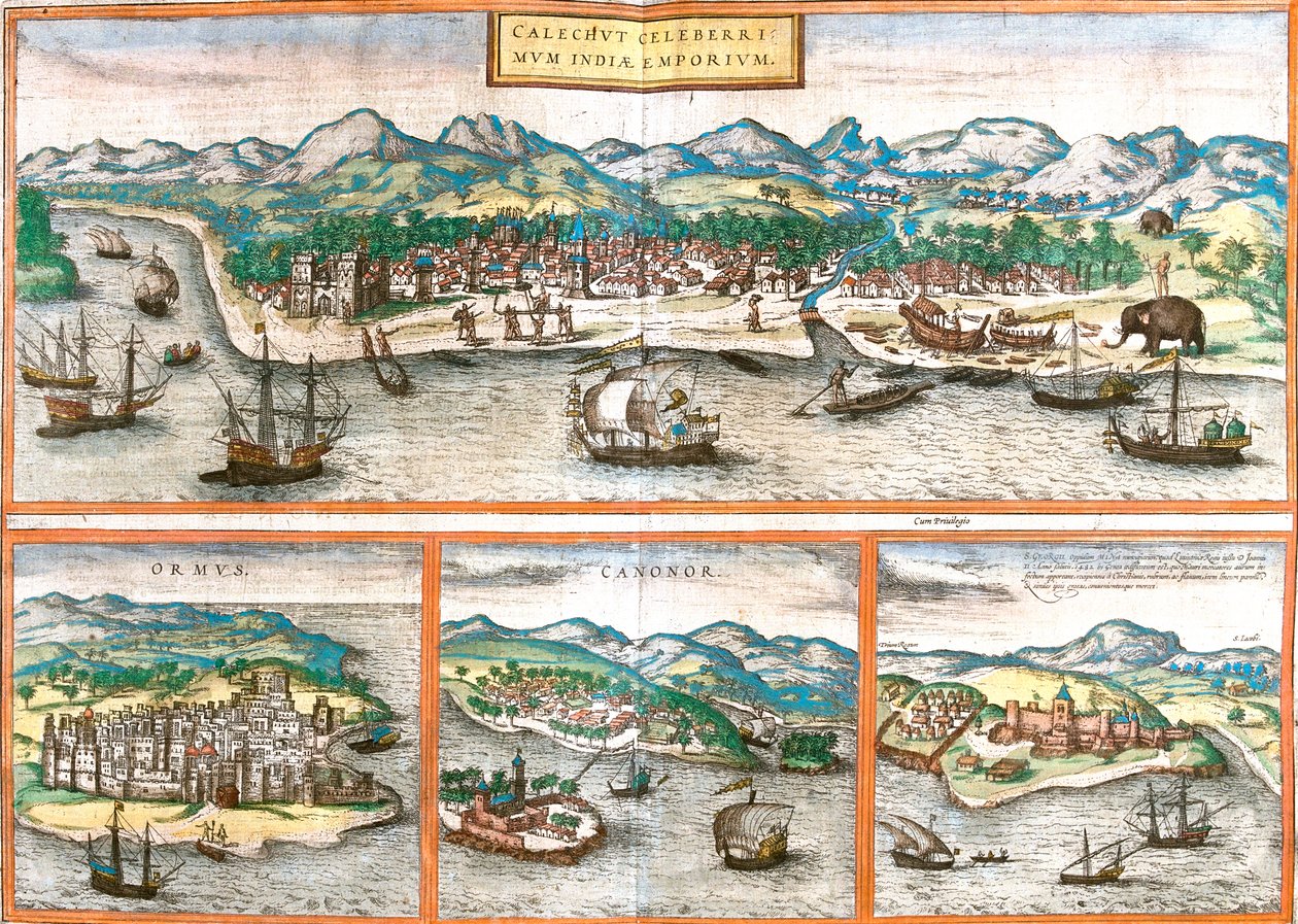 Kozhikode, Hormuz Eiland, Kannur, Elmina, India, Iran, Ghana door Georg and Hogenberg Franz (1535 90) Braun
