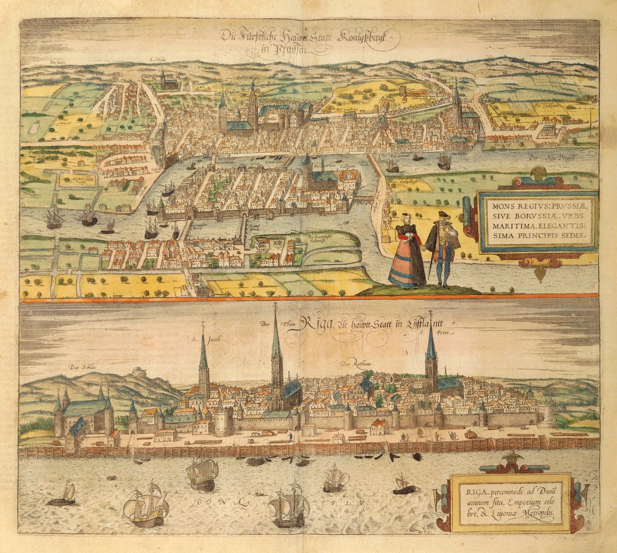 Kaart van Koningsbergen en Riga uit Civitates Orbis Terrarum door Georg Braun and Hogenberg Franz