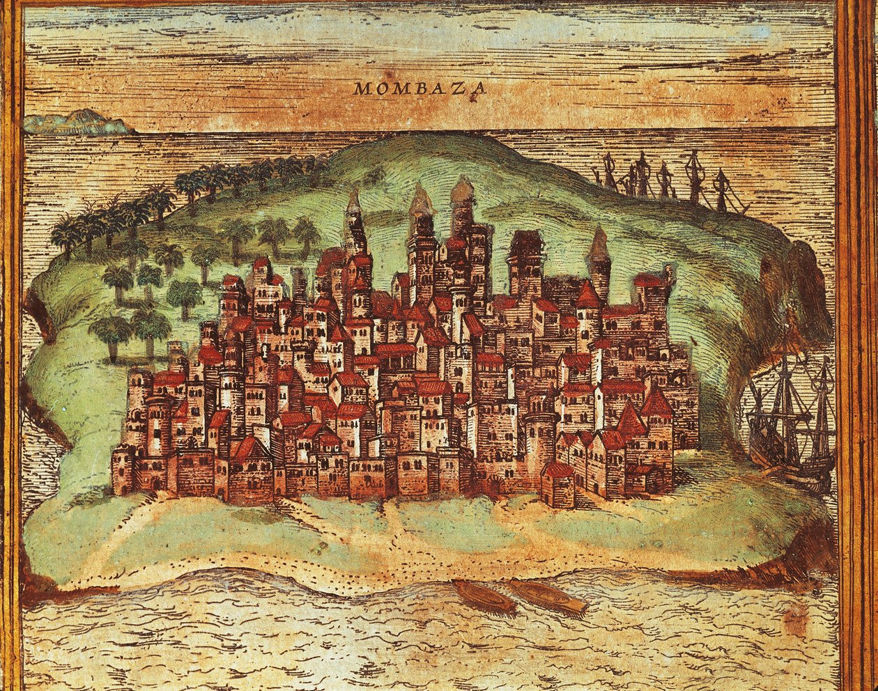 Kaart van Mombasa, Kenia, uit Civitates Orbis Terrarum door Georg Braun en Franz Hogenberg, gravure door Georg Braun and Hogenberg Franz