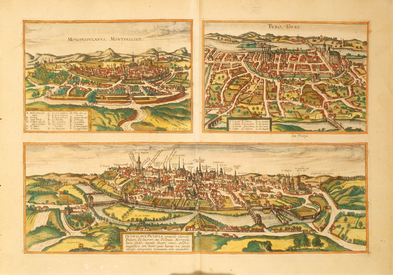 Kaart van Montpellier, Tours en Poitiers uit Civitates Orbis Terrarum door Georg Braun door Georg Braun and Hogenberg Franz