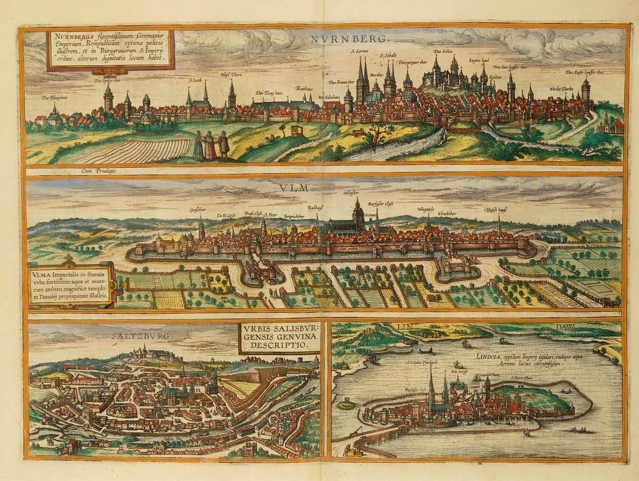 Kaart van Neurenberg, Ulm, Salzburg en Lindau uit Civitates Orbis Terrarum door Georg Braun and Hogenberg Franz