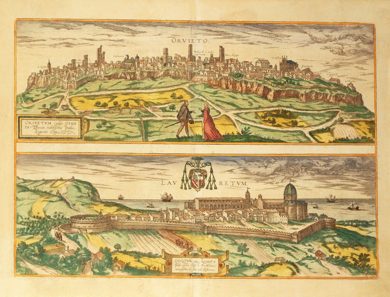 Kaart van Orvieto en Loreto, Umbrië en Marche regio uit Civitates Orbis Terrarum door Georg Braun door Georg Braun and Hogenberg Franz