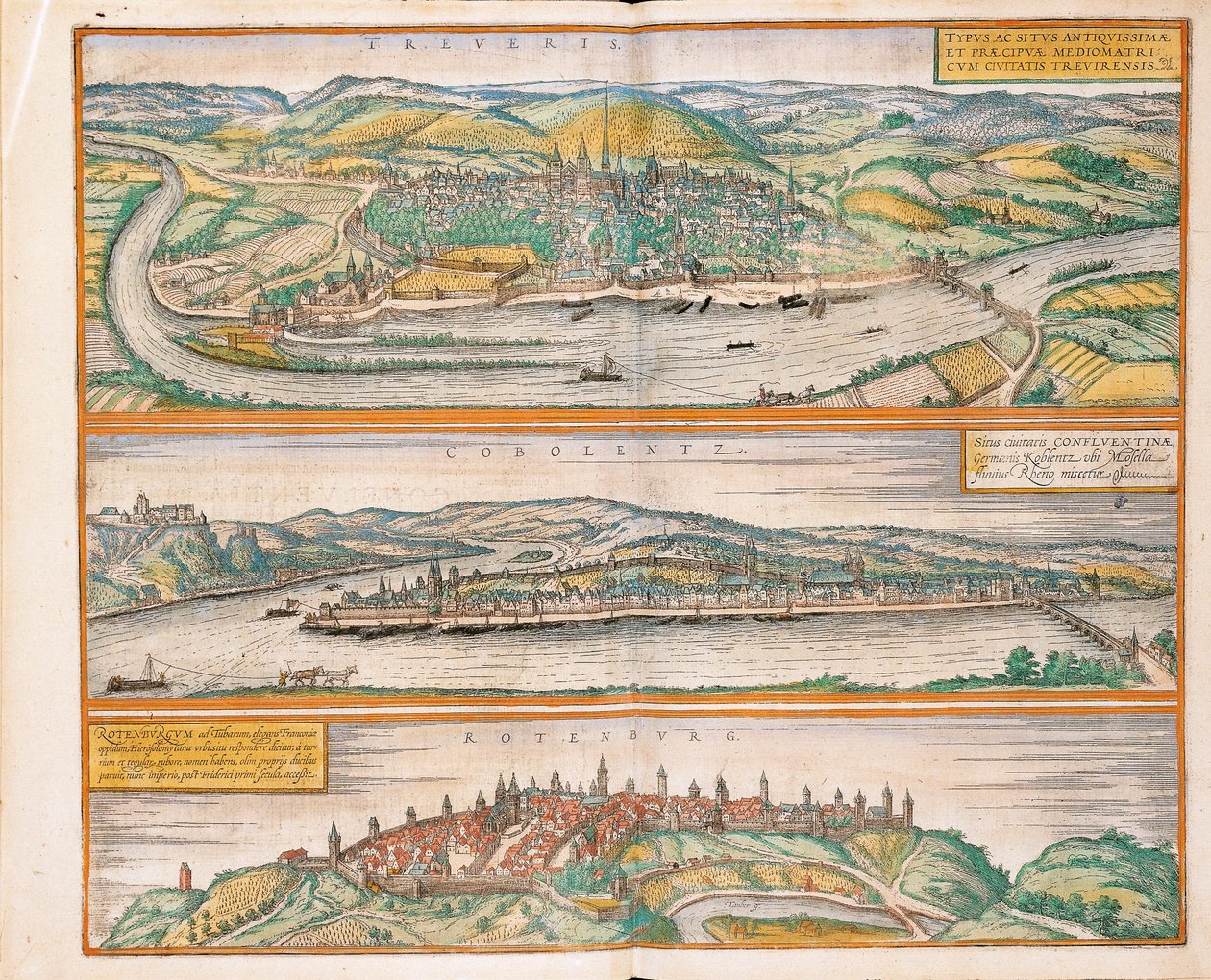 Kaart van Trier, Koblenz en Rothenburg ob der Tauber uit Civitates Orbis Terrarum door Georg Braun and Hogenberg Franz