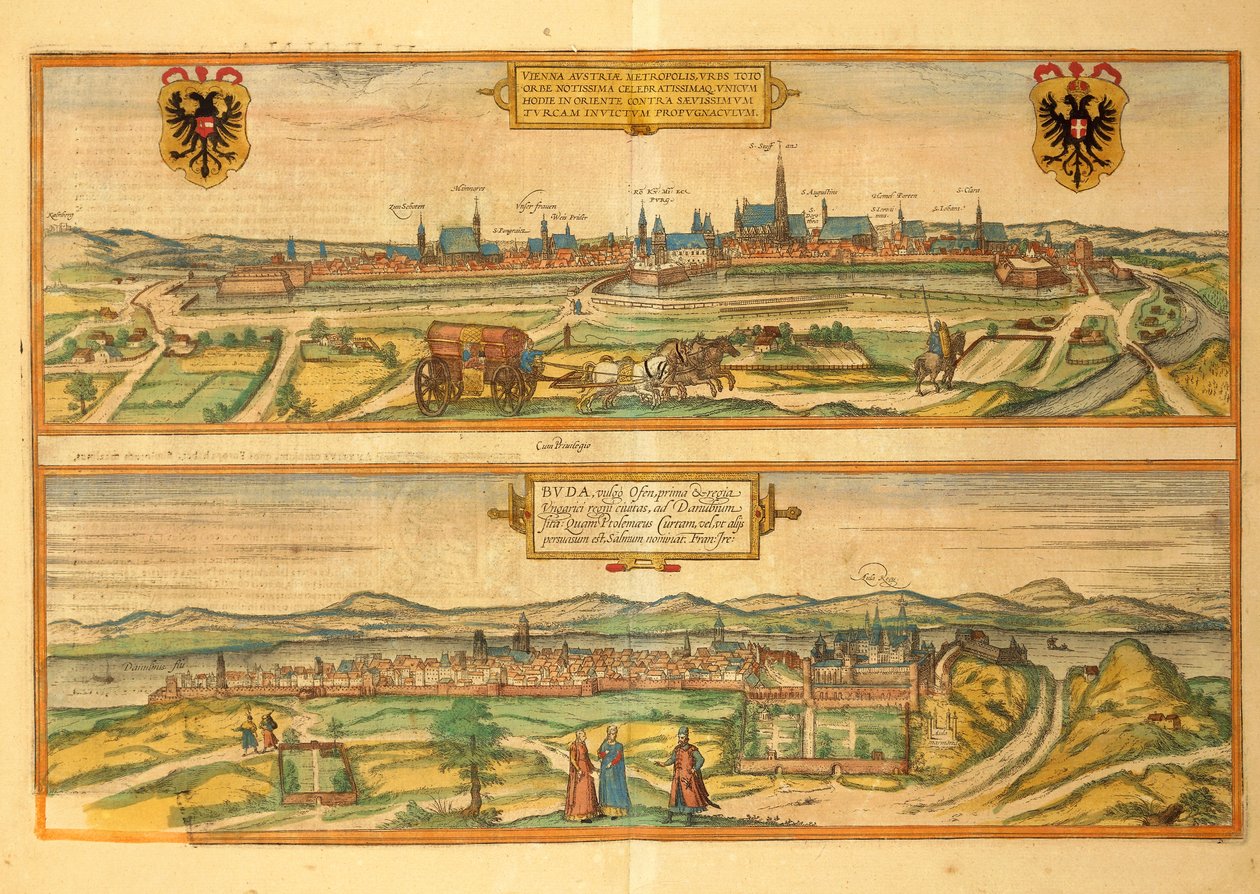 Kaart van Wenen en Buda uit Civitates Orbis Terrarum door Georg Braun door Georg Braun and Hogenberg Franz