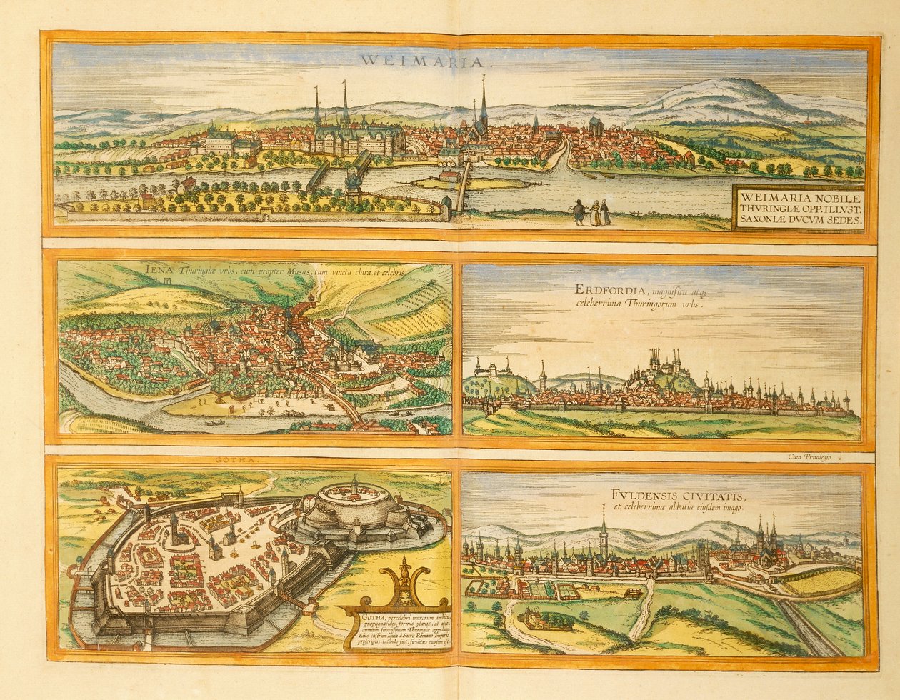 Kaart van Weimar, Jena, Erfurt, Gotha en Fulda uit Civitates Orbis Terrarum door Georg Braun and Hogenberg Franz