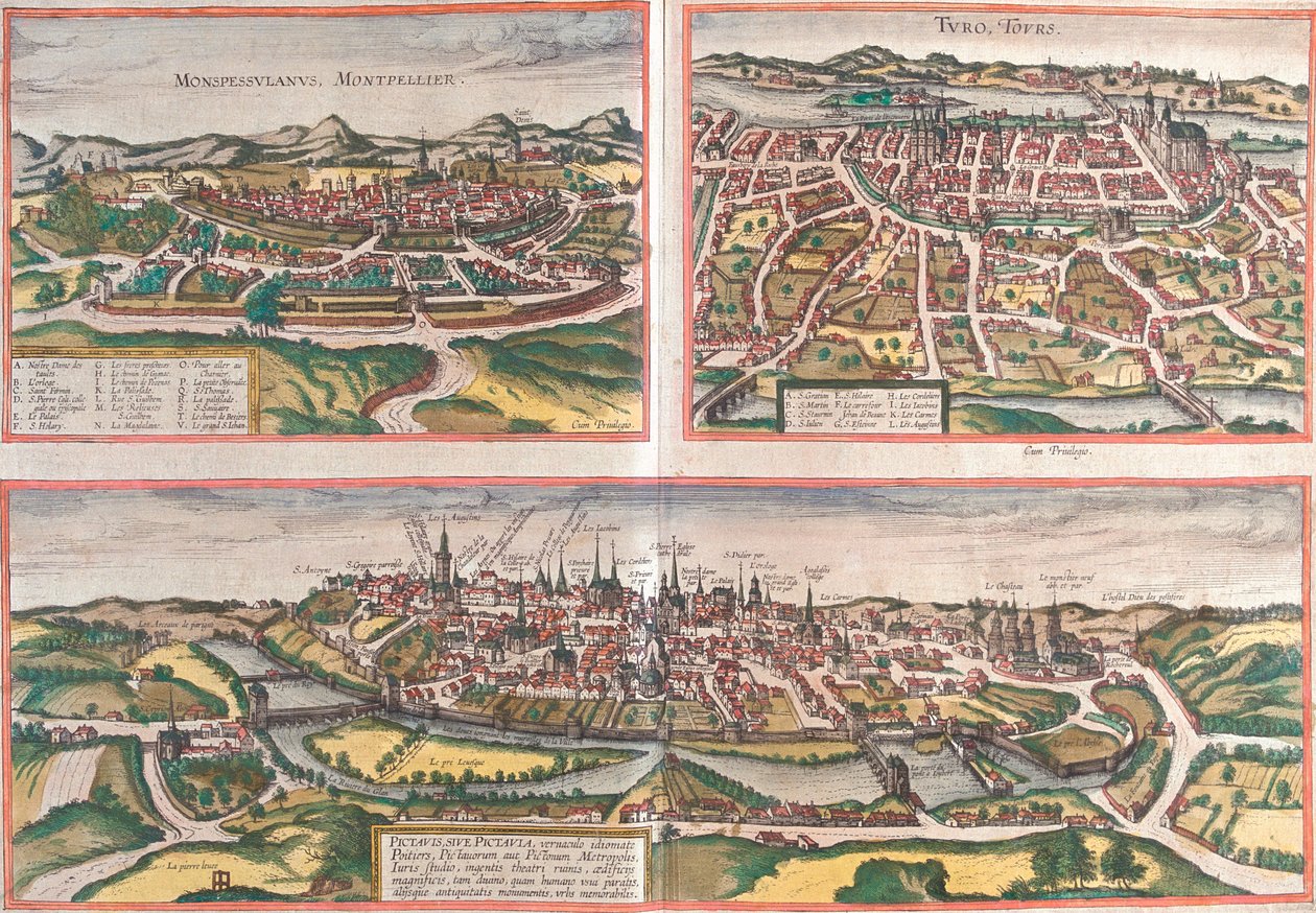 Montpellier, Tours, Poitiers, Frankrijk door Georg and Hogenberg Franz (1535-90) Braun