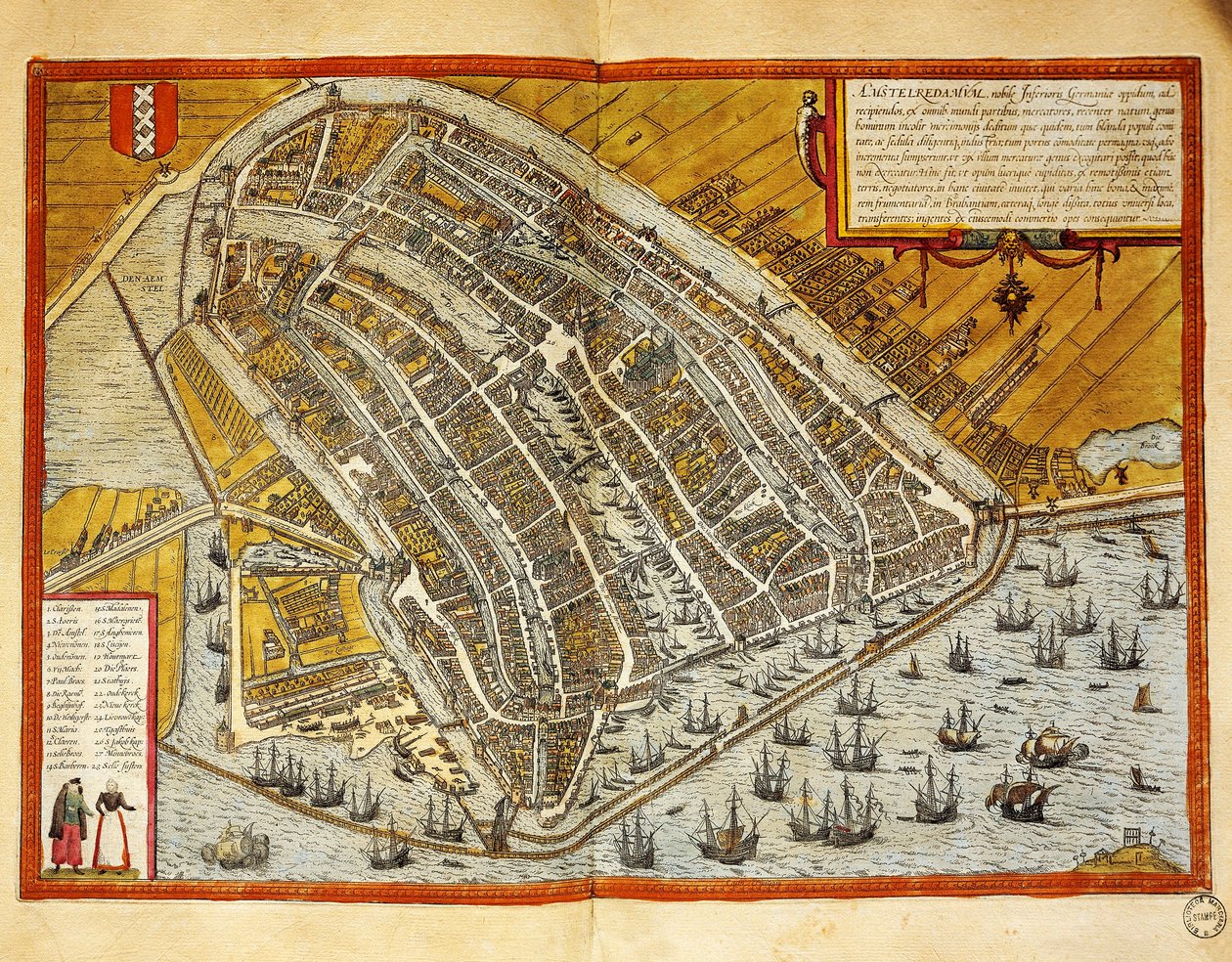 Nederland, Kaart van Amsterdam uit Civitates Orbis Terrarum door Georg Braun (1541-1622) en Franz Hogenberg (1535-1590), gravure door Georg Braun and Hogenberg Franz