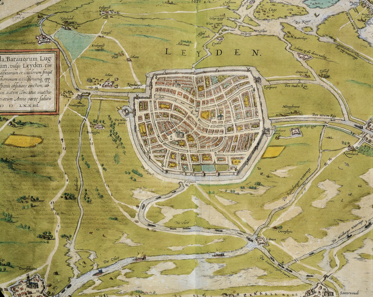Nederland, kaart van Leiden stad en regio uit Civitates Orbis Terrarum door Georg Braun en Franz Hogenberg, Keulen, gravure door Georg Braun and Hogenberg Franz
