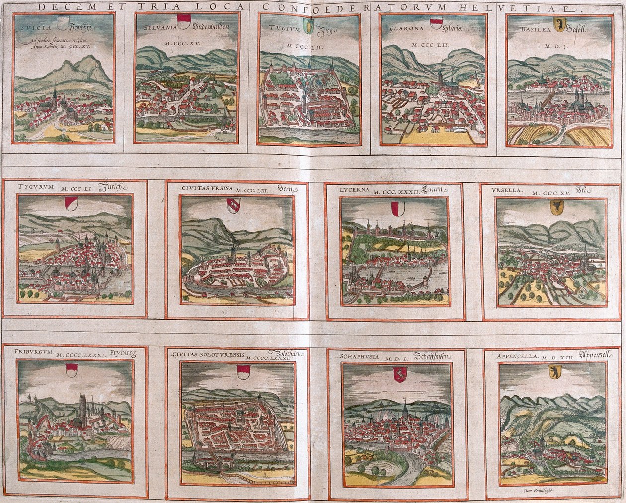 Schwyz, Unterwalden, Zug, Glarus, Basel, Zürich, Bern, Luzern, kanton Uri, Fribourg, Schaffhausen, Appenzell, Zwitserland door Georg and Hogenberg Franz (1535-90) Braun