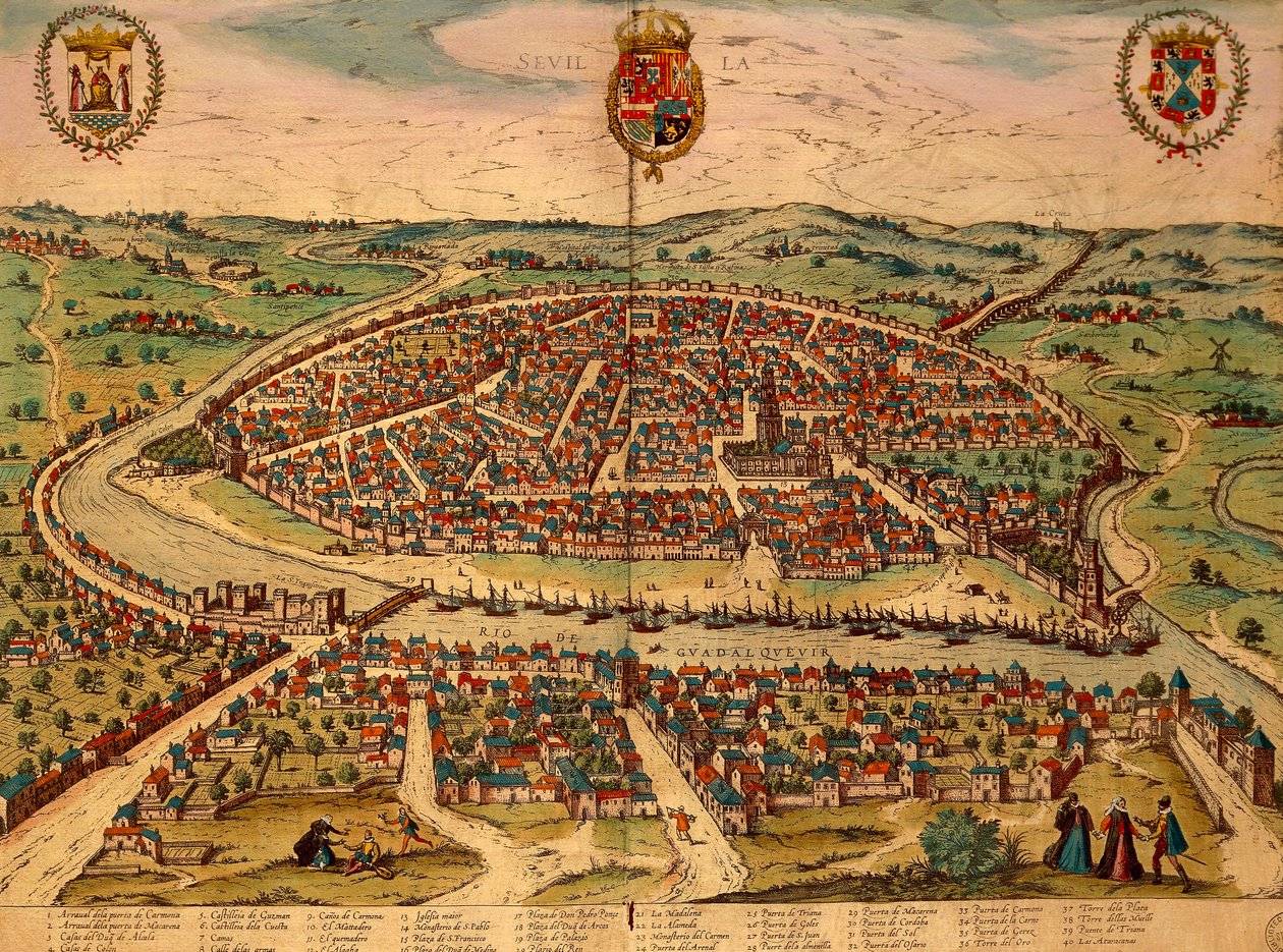 Spanje, Sevilla, Uitzicht op de stad, kleuren gravure uit Civitates Orbis Terrarum door Georg Braun en Franz Hogenberg door Georg Braun and Hogenberg Franz