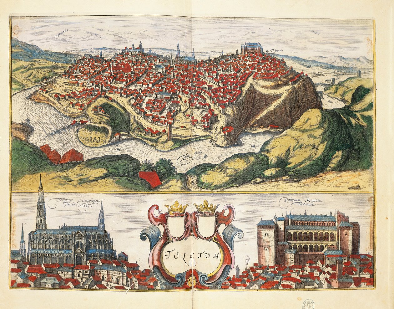 Spanje, Toledo, Stad Toledo uit Civitates Orbis Terrarum door Georg Braun en Franz Hogenberg, gravure door Georg Braun and Hogenberg Franz