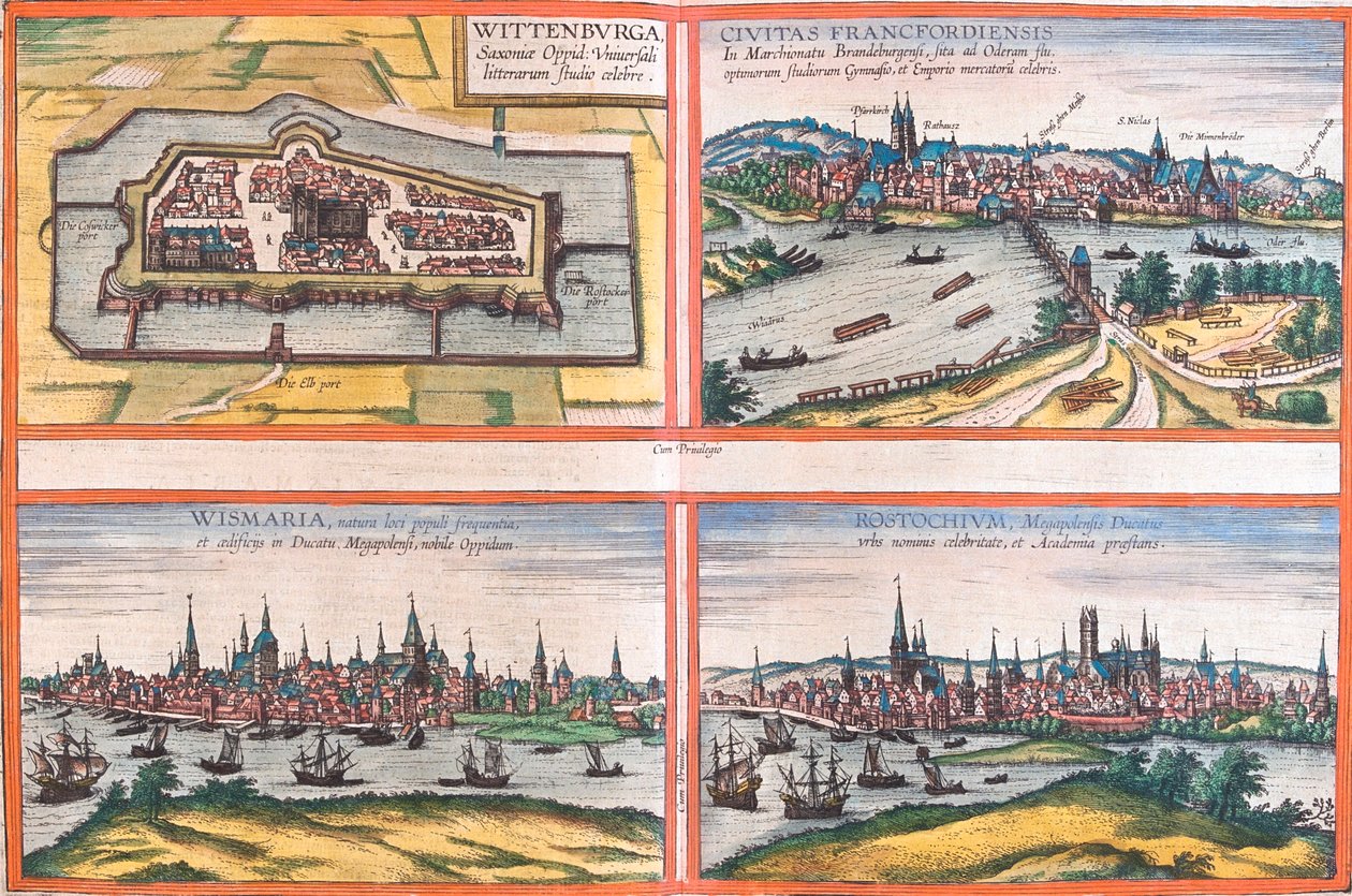 Wittenberg, Frankfurt, Wismar, Rostock, Duitsland door Georg and Hogenberg Franz (1535 90) Braun