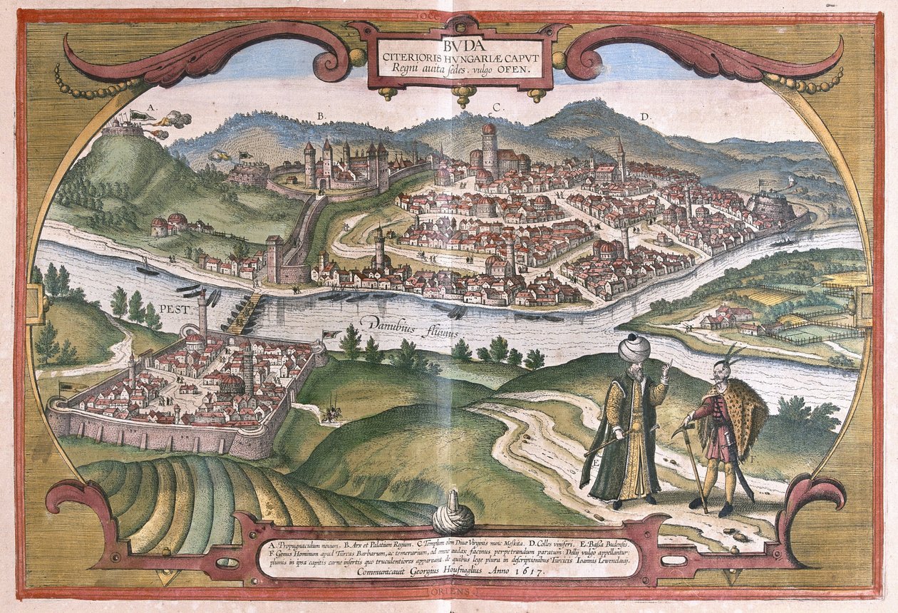 Boedapest, Hongarije (gravure) door Georg Braun and Hogenberg Franz