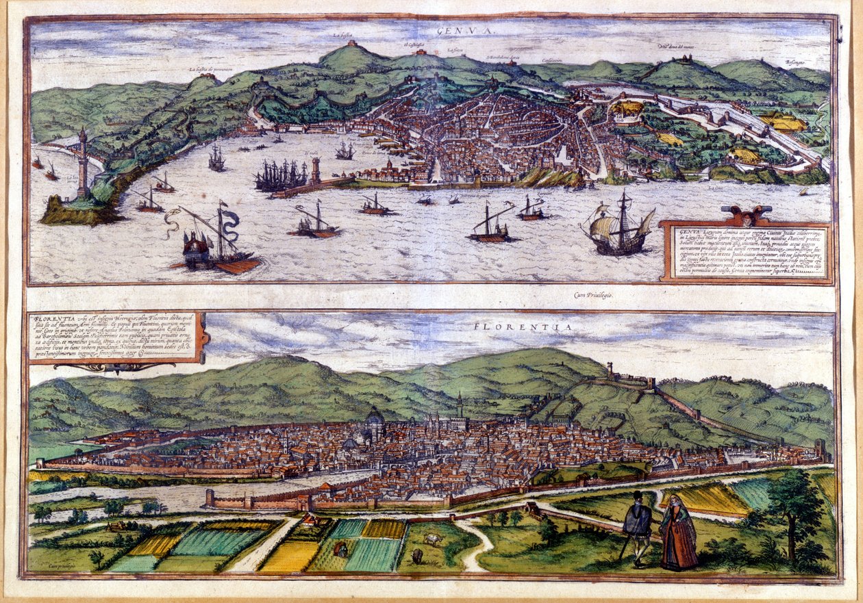 Genua (boven) en Florence (onder) Vogelvluchtzicht van de Atlas van Braun & Hogenberg. 1550 door Georg Braun and Hogenberg Franz