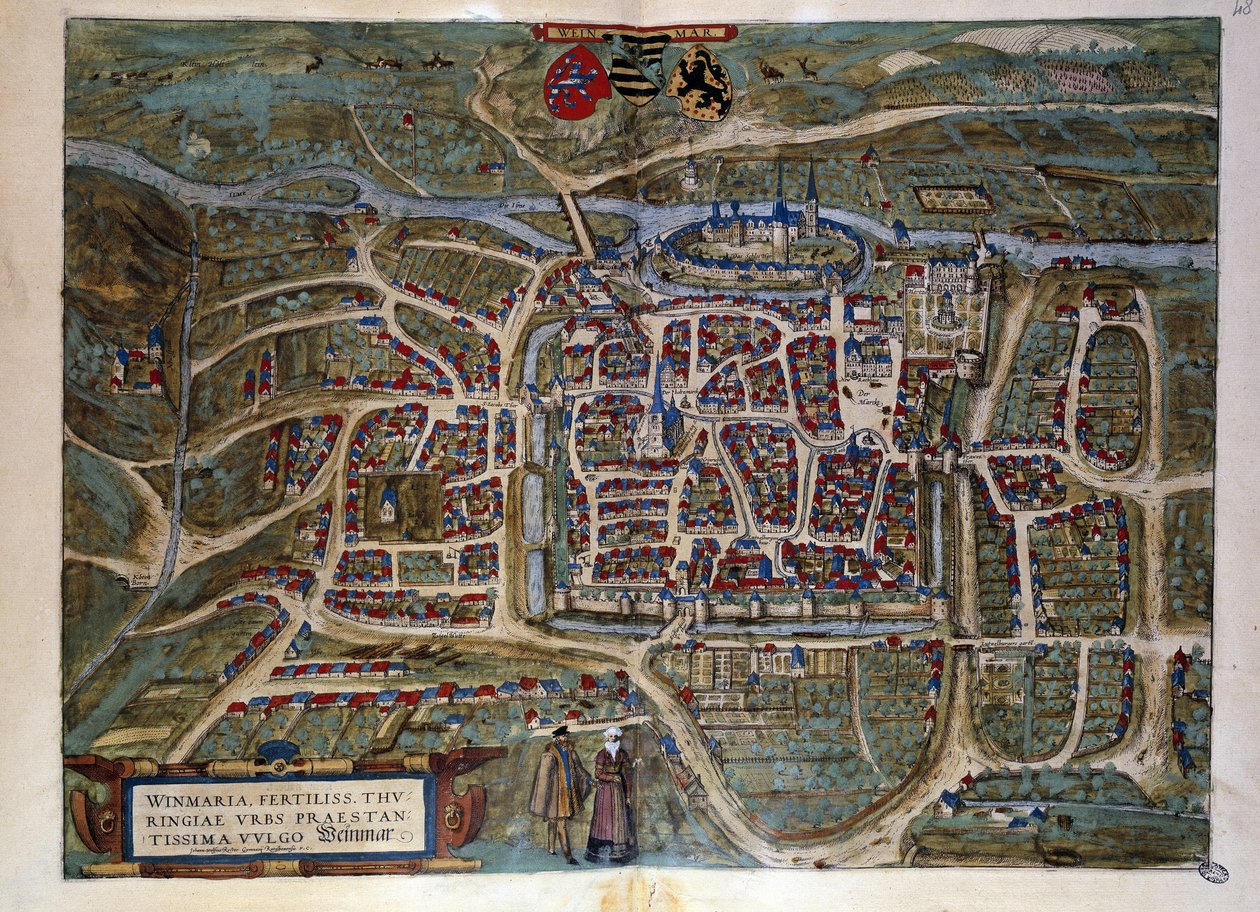 Kaart van de Duitse stad Weimar. Gravure uit de Atlas van 