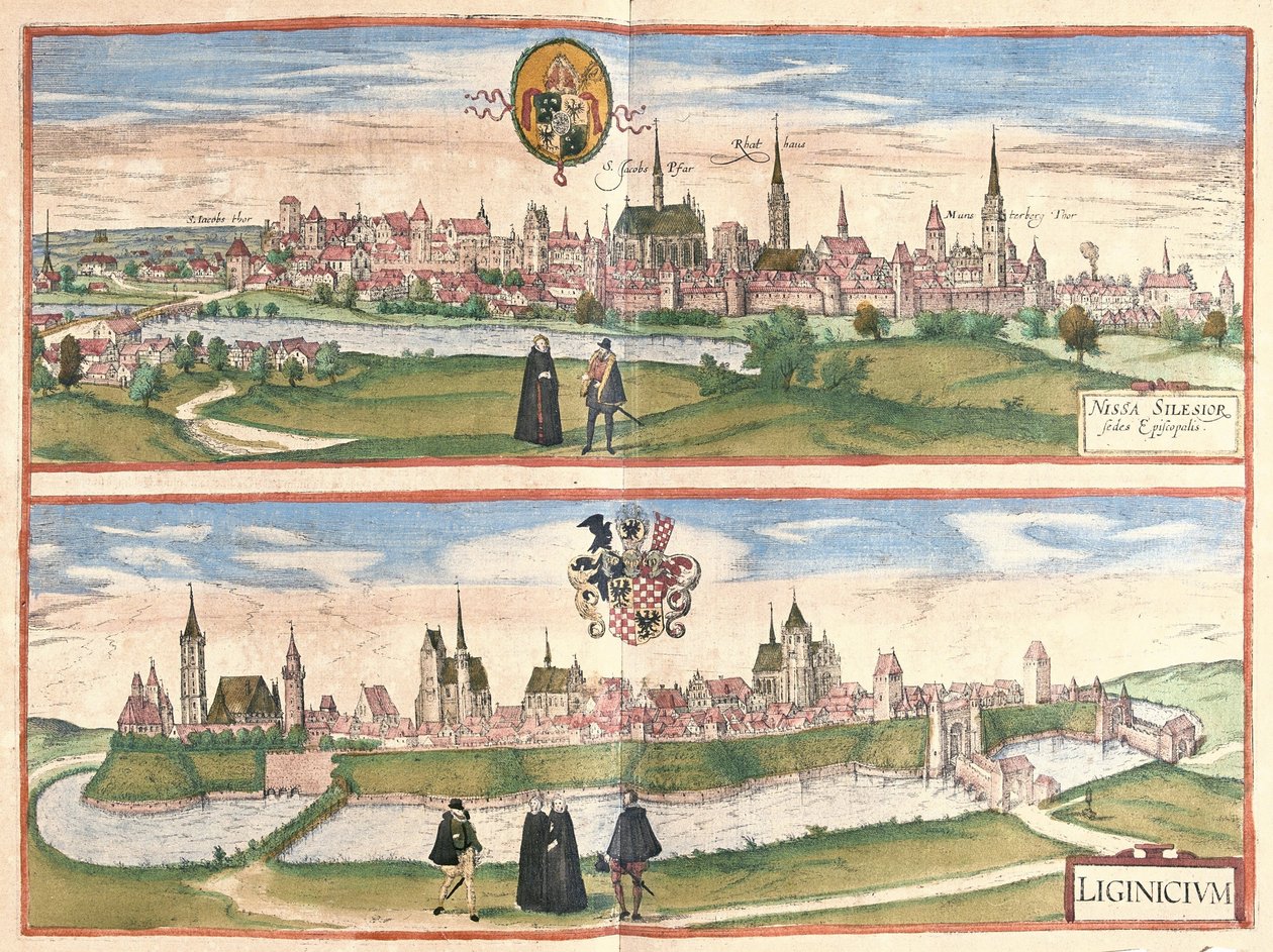Nysa en Legnica (Lignica), Polen (gravure) door Georg Braun and Hogenberg Franz