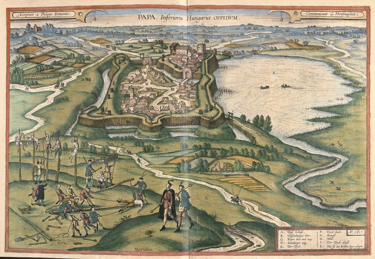 Papa, Hongarije (gravure) door Georg Braun and Hogenberg Franz