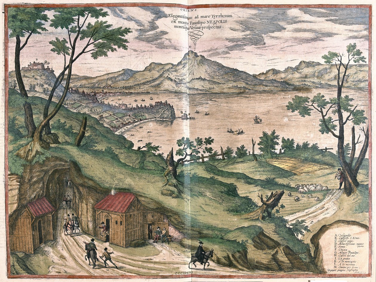 De baai van Napels en de Vesuvius, Italië, in 1579 (ets) door Georg Braun and Hogenberg Franz