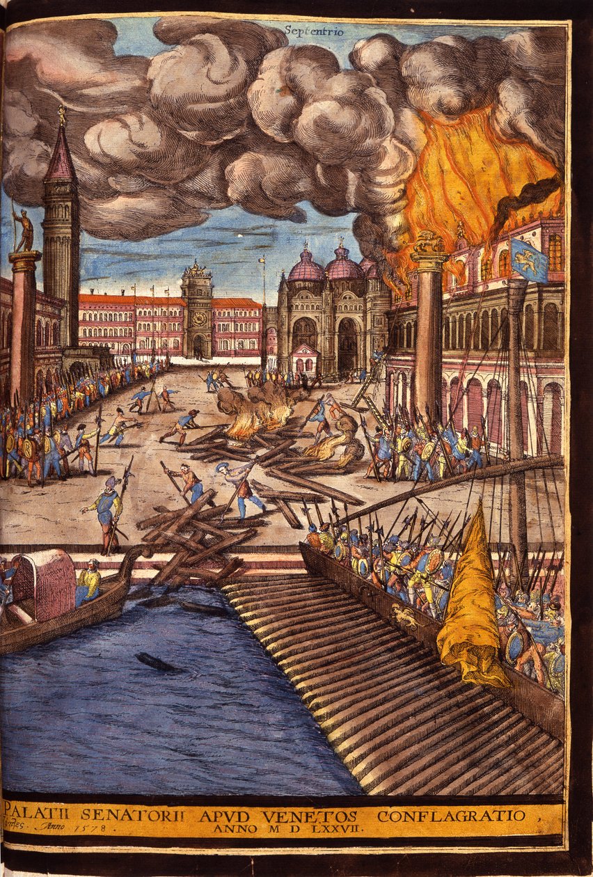 De Grote Brand van het Hertogelijk Paleis op het San Marcoplein in Venetië in 1577. Gravure door George Braun In “” Civitatis Orbis Terrarum”” Deel I geschreven door Franz Hogenberg door Georg Braun and Hogenberg Franz