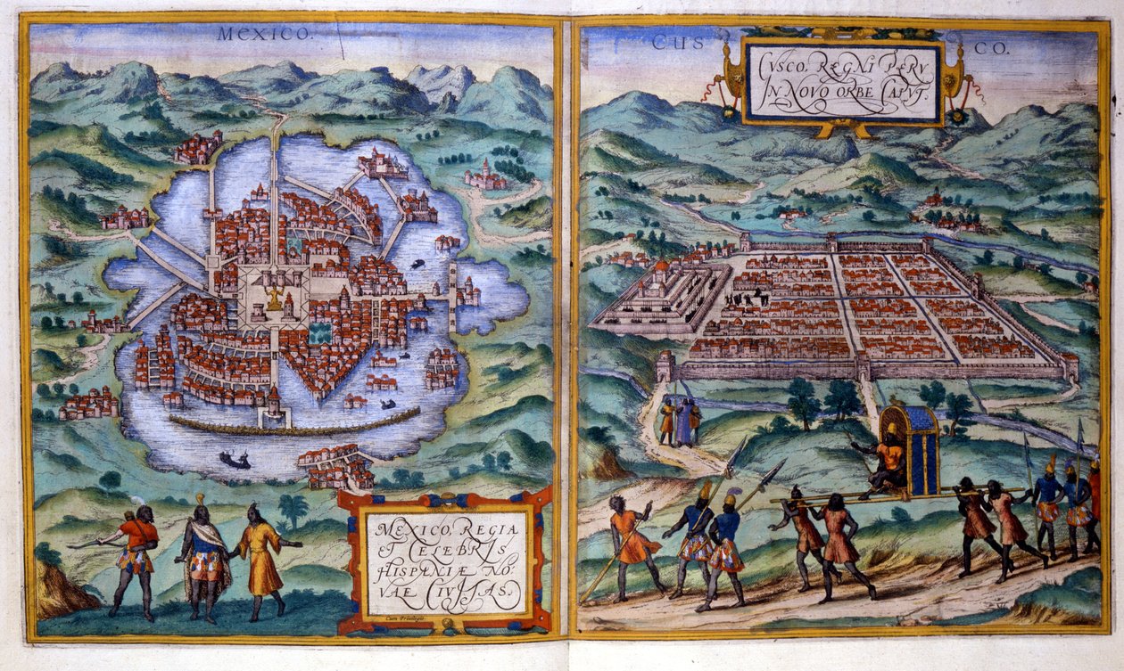Uitzicht op Mexico-Stad (Mexico) en Cuzco (Peru). Atlas Braun & Hogenberg door Georg Braun and Hogenberg Franz