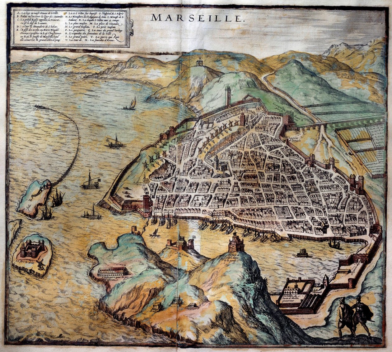 Uitzicht op de stad Marseille met stratenplan. Gravure uit de Atlas van Braun en Hogenberg 1572 Marseille, Musee de la Marine door Georg Braun and Hogenberg Franz