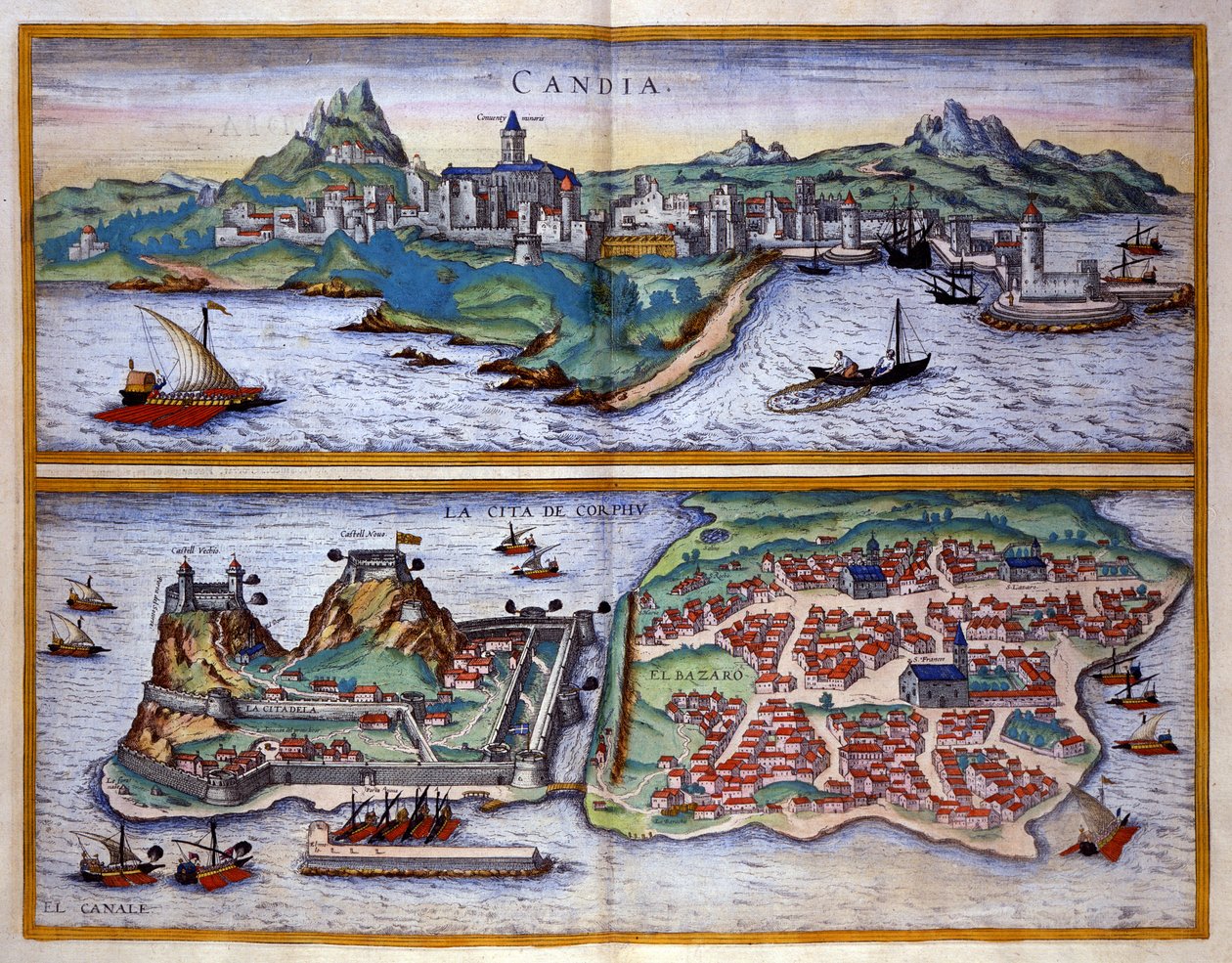 Uitzicht op de haven van Candie (het huidige Heraklion) op Kreta en de haven van Corfu in Griekenland. Gravure door George Braun in 