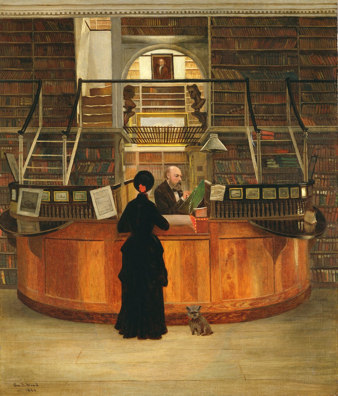 Het interieur van de Logan Bibliotheek Philadelphia, met de bibliothecaris Lloyd Pearsall Smith aan zijn bureau door George Bacon Wood