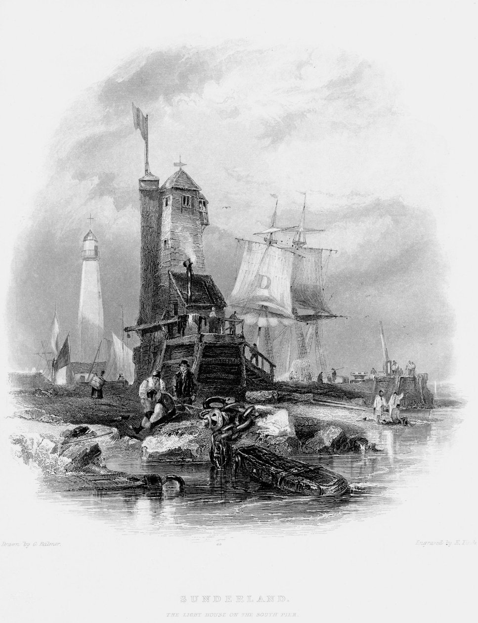 Vuurtoren van Sunderland op de Zuidpier, 1841 door George Balmer