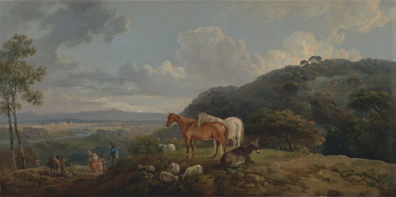 Ochtend- Landschap met merries en schapen door George Barret