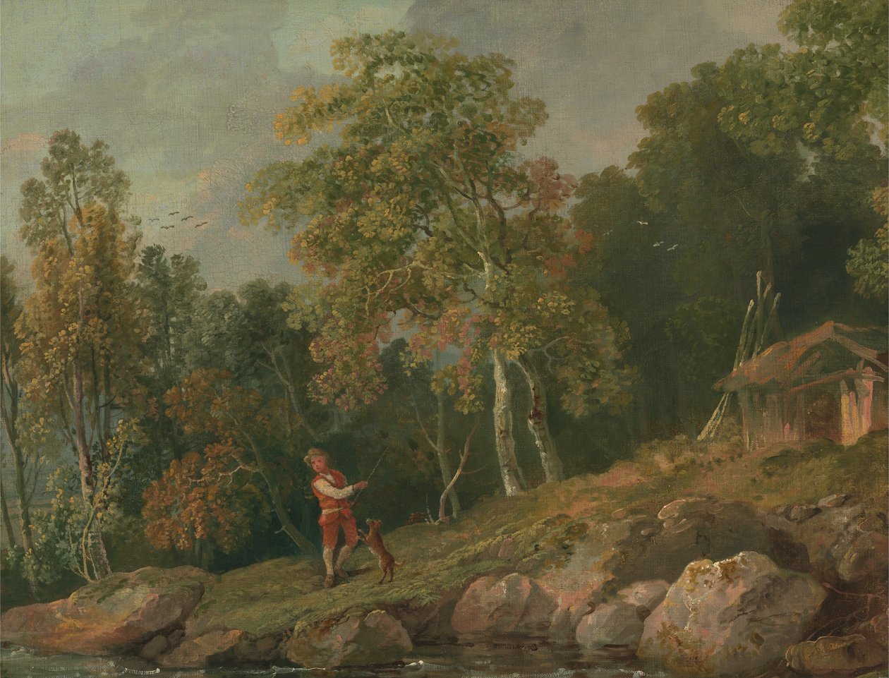 Boslandschap met een jongen en zijn hond door George Barret