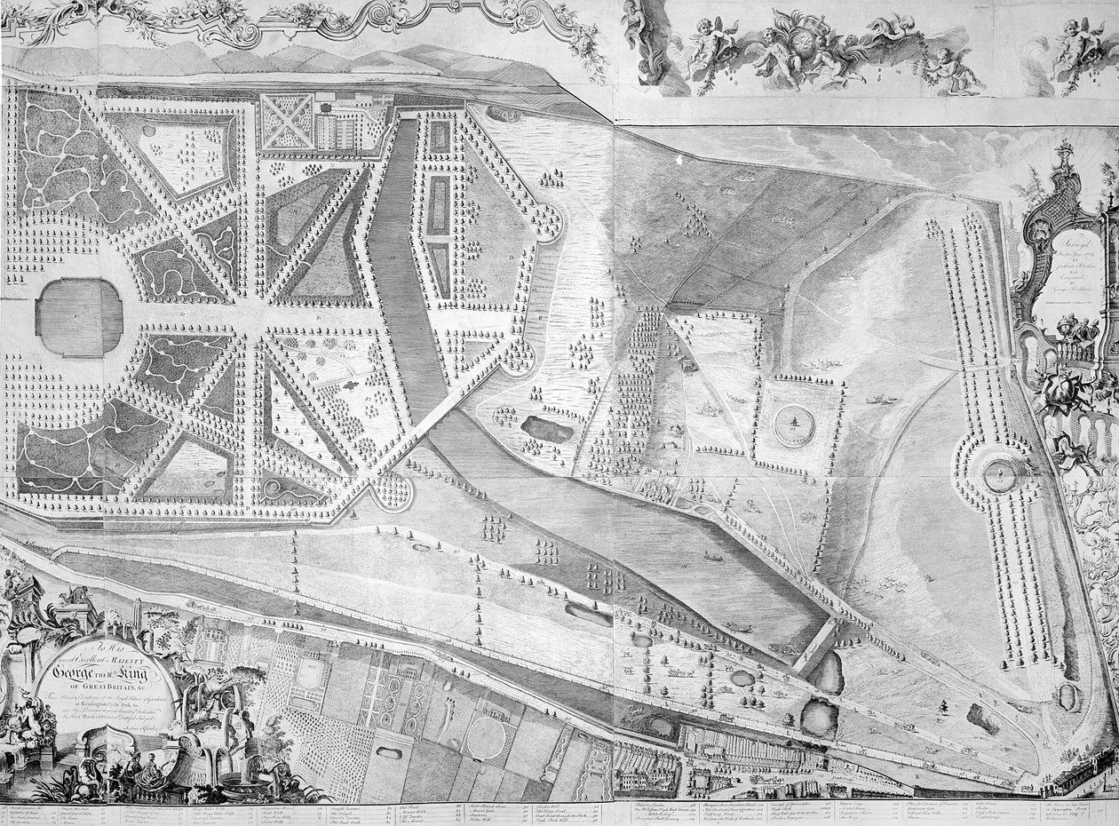 Detail (rechterkant) van het plan van Kensington Palace door Joshua Rhodes, 1764 door George Bickham