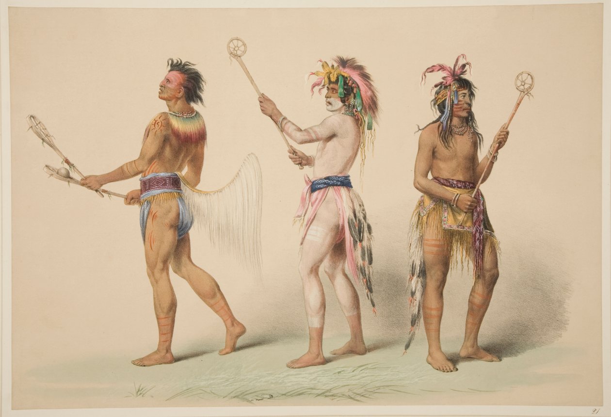 Illustratie van Lacrosse Spelers, uit Illustrations of the Manners, Customs & Conditions of the North American Indians, Londen, 1845 door George Catlin