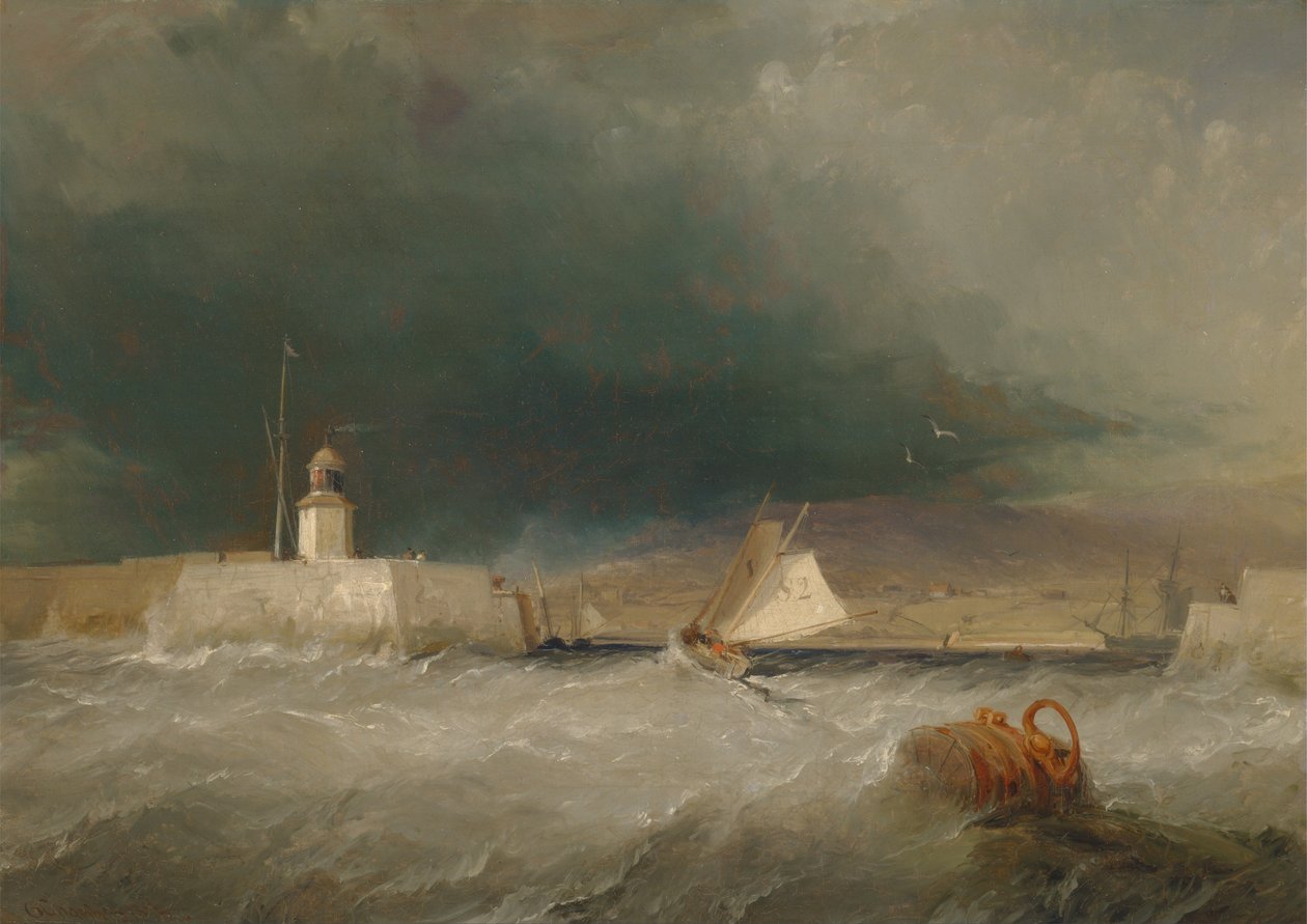 Haven op een stormachtige dag door George the Elder Chambers