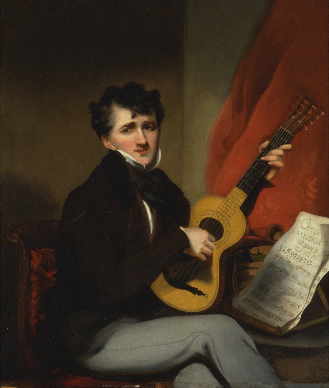 Portret van een man die gitaar speelt door George Chinnery