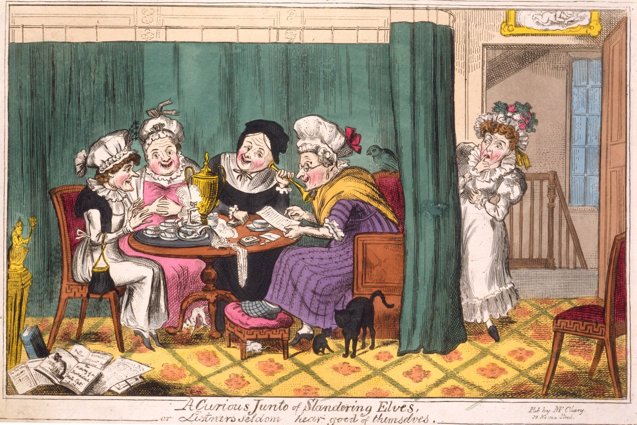 Een nieuwsgierige groep lasterende elfen, of, luisteraars horen zelden goed van zichzelf, 1817 (handgekleurde gravure) door George Cruikshank