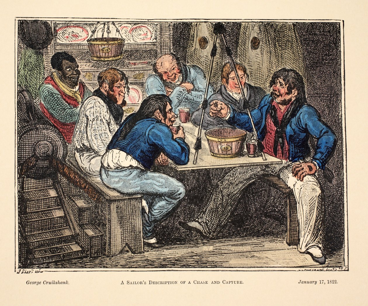 Beschrijving van een achtervolging en vangst door een zeeman, uitgegeven 1822 door George Cruikshank