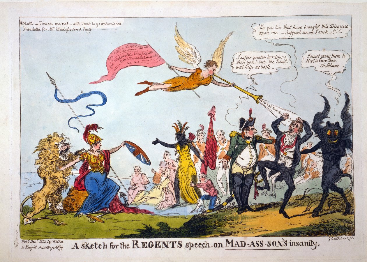 Een Schets voor de Toespraak van de Regent over de Waanzin van Mad-Ass-Son, uitgegeven 1812 door George Cruikshank