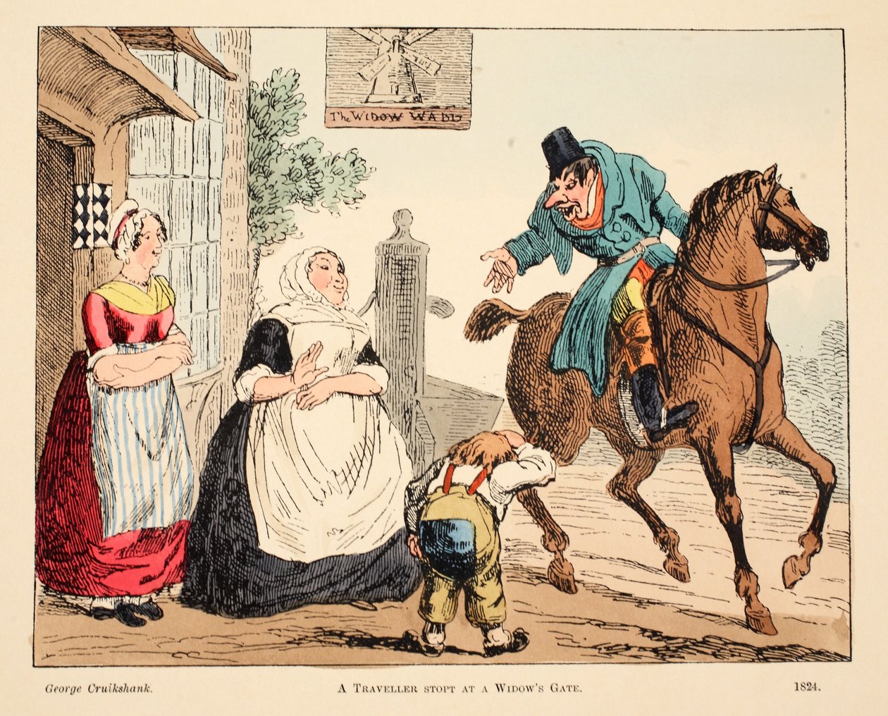 Een Reiziger Gestopt bij de Poort van een Weduwe, gepubliceerd 1824 door George Cruikshank