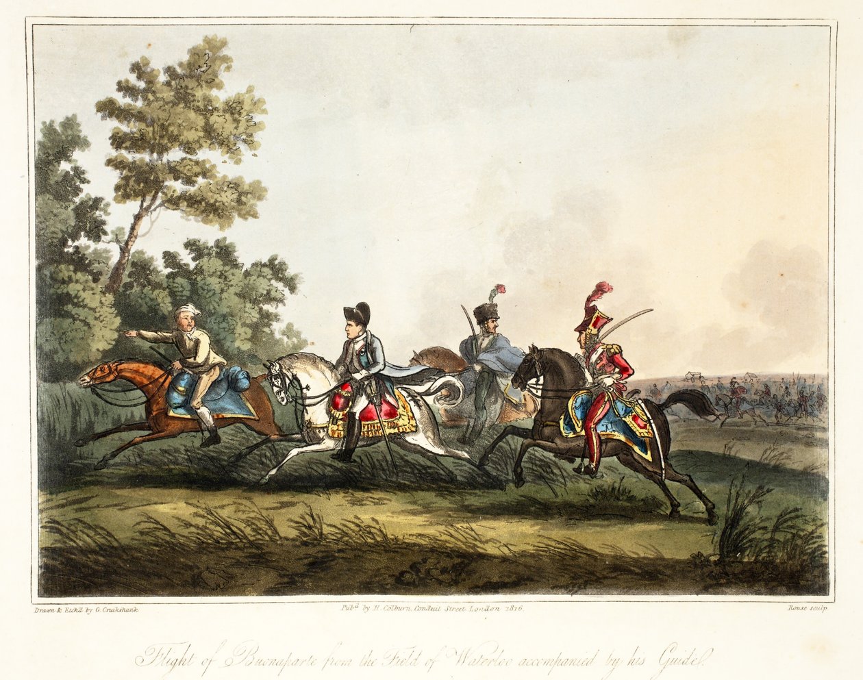Vlucht van Buonaparte van het slagveld van Waterloo vergezeld door zijn gids, gegraveerd door Rouse, gepubliceerd door H. Colburn, 1816 door George Cruikshank