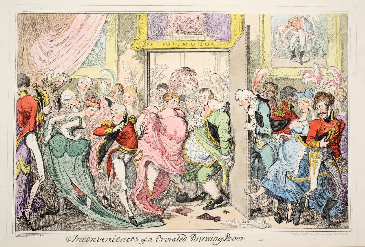 Ongemakken van een Overvolle Salon, gepubliceerd 1835 door George Cruikshank