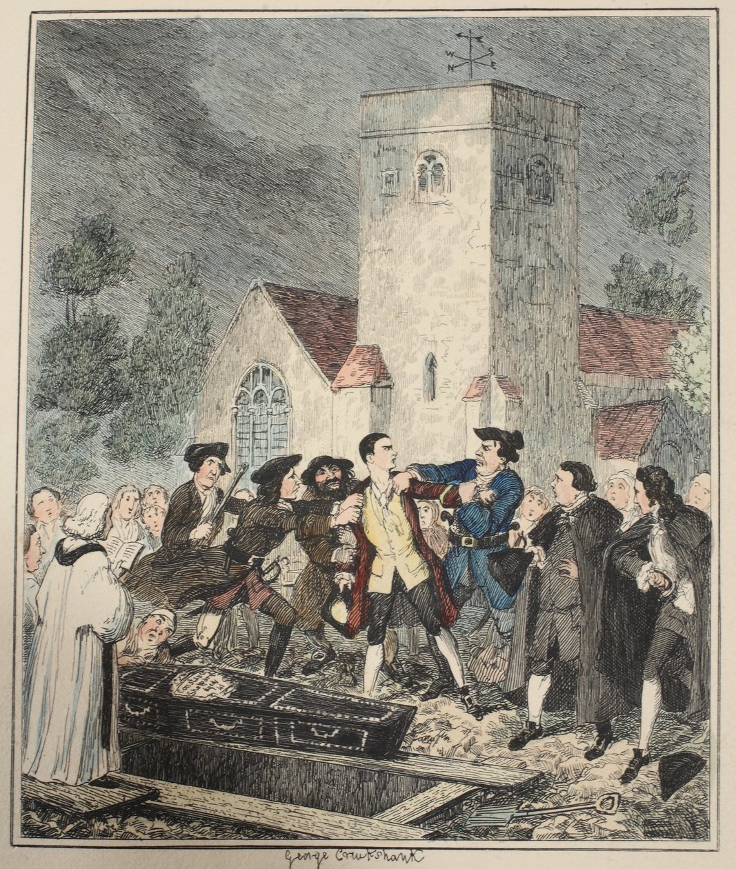 Jonathan Wild grijpt Jack bij de begrafenis van zijn moeder op het kerkhof van Willesden, illustratie uit Jack Sheppard: A Romance door William Harrison Ainsworth, uitgegeven 1839 door George Cruikshank