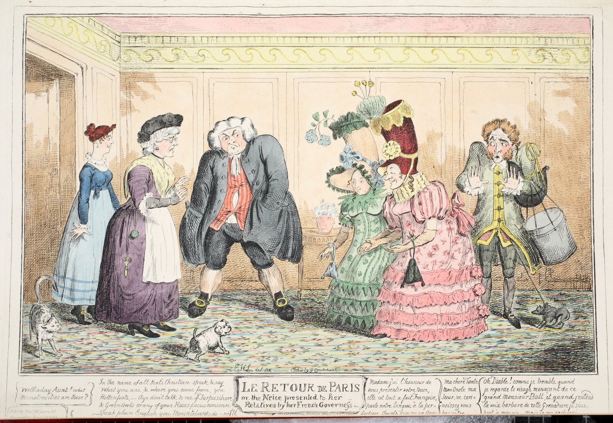 Le Retour de Paris, of, de nicht voorgesteld aan haar familie door haar Franse gouvernante, 1816 door George Cruikshank