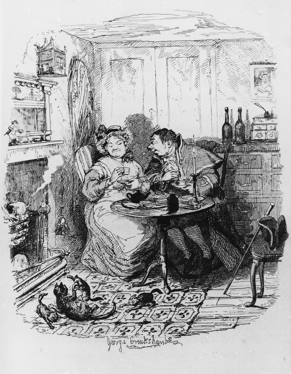Mr Bumble en Mrs Corney drinken thee, uit 