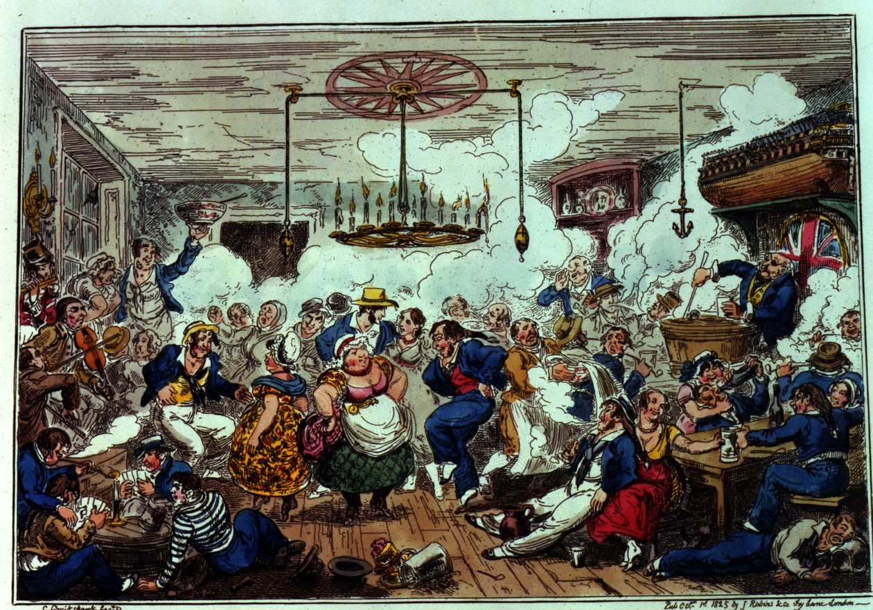 Zeelieden aan het feesten, gepubliceerd door James Robins en Co., 1 oktober 1825 door George Cruikshank