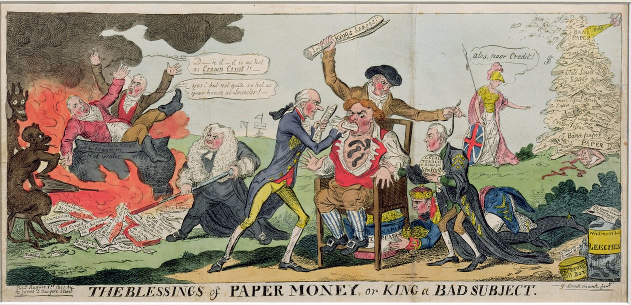 De zegeningen van papiergeld of een slechte koning, gepubliceerd 1811 door George Cruikshank