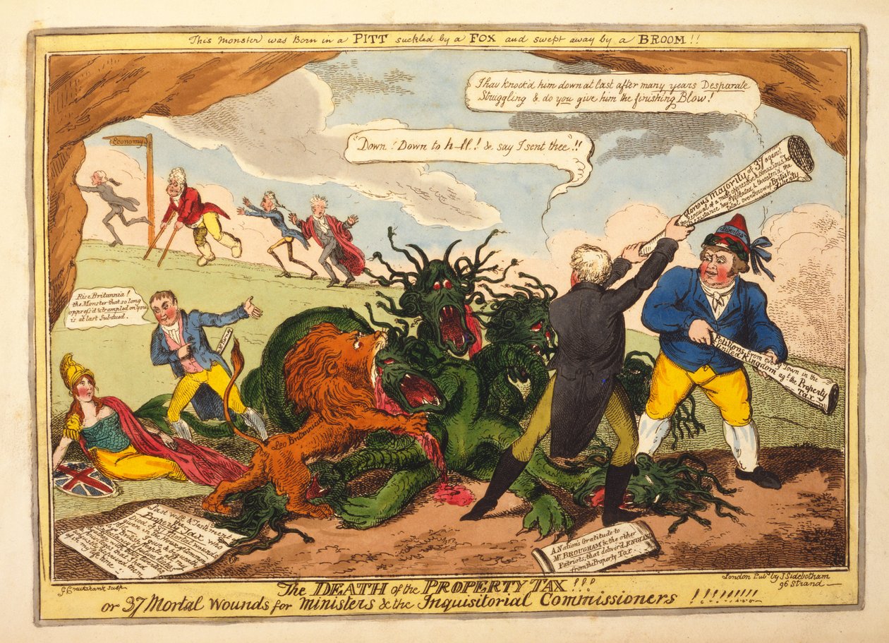 De dood van de eigendomsbelasting!! of 37 dodelijke wonden voor ministers en de inquisitiële commissarissen, pub. 1816 door George Cruikshank