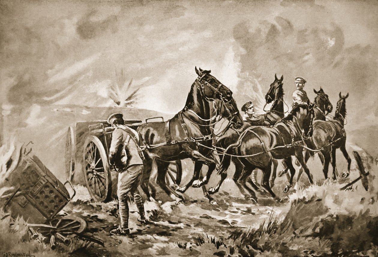 Chauffeur King helpt bij het aanhaken van een kanon onder zwaar vuur door George Derville Rowlandson