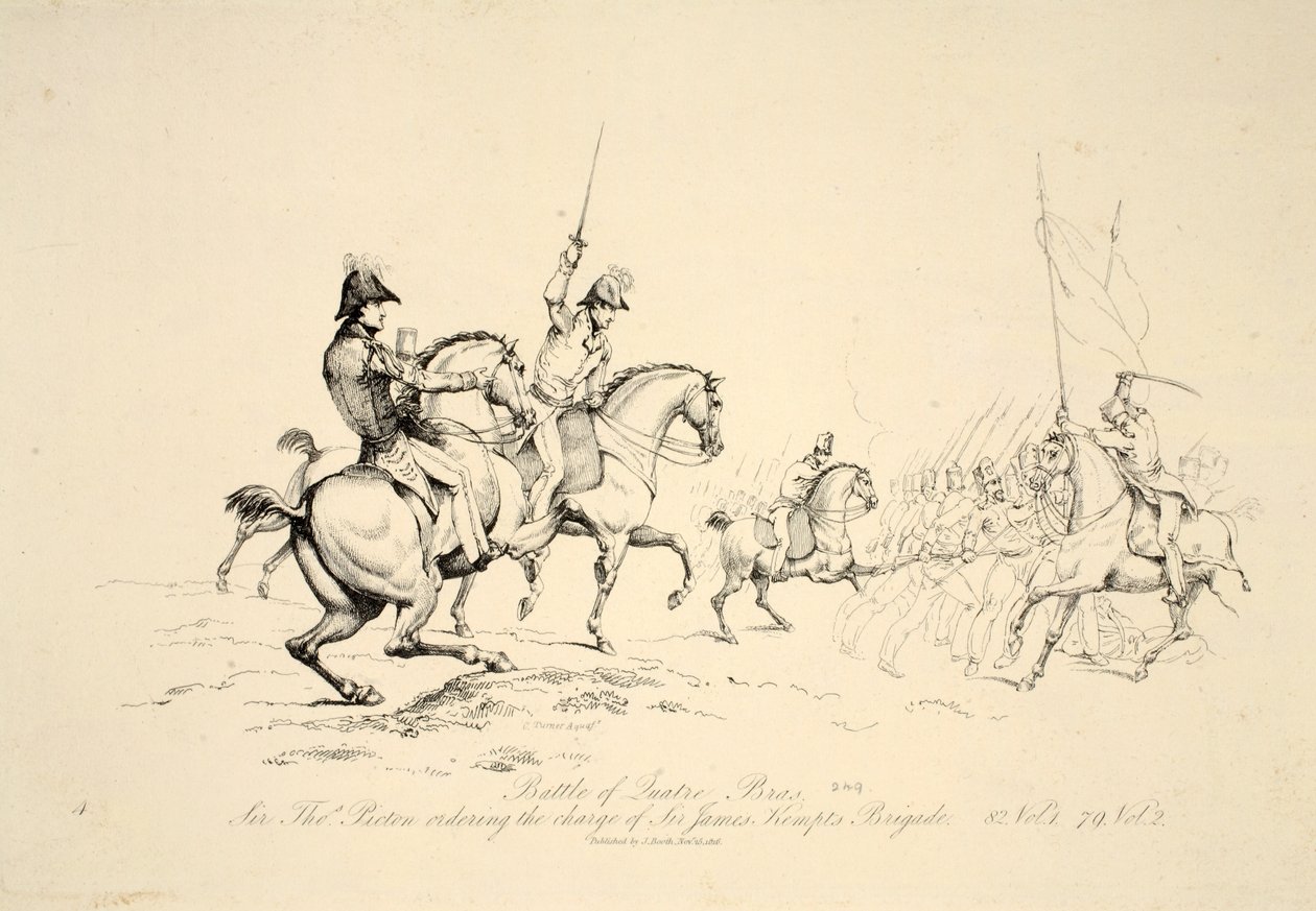 Slag bij Quatre Bras: Sir Thomas Picton beveelt de aanval van Sir James Kempts Brigade, uitgegeven door J. Booth, 1816 door George Jones